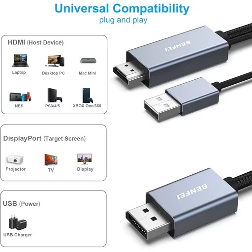 کابلHDMI به DisplayPort منبع HDMI به مانیتور DisplayPort سازگار با کارت گرافیک کامپیوتر لپ تاپXbox PS on 360برند بنفی