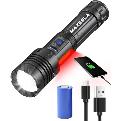 چراغ قوه LED فوق العاده روشن Maxesla XHP70 با نور جانبی COB فوکوس قابل تنظیم 3+4حالته باتری قابل شارژUSB 3000میلی آمپر