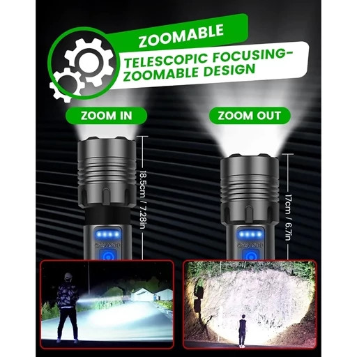 چراغ قوه LED فوق العاده روشن Maxesla XHP70 با نور جانبی COB فوکوس قابل تنظیم 3+4حالته باتری قابل شارژUSB 3000میلی آمپر
