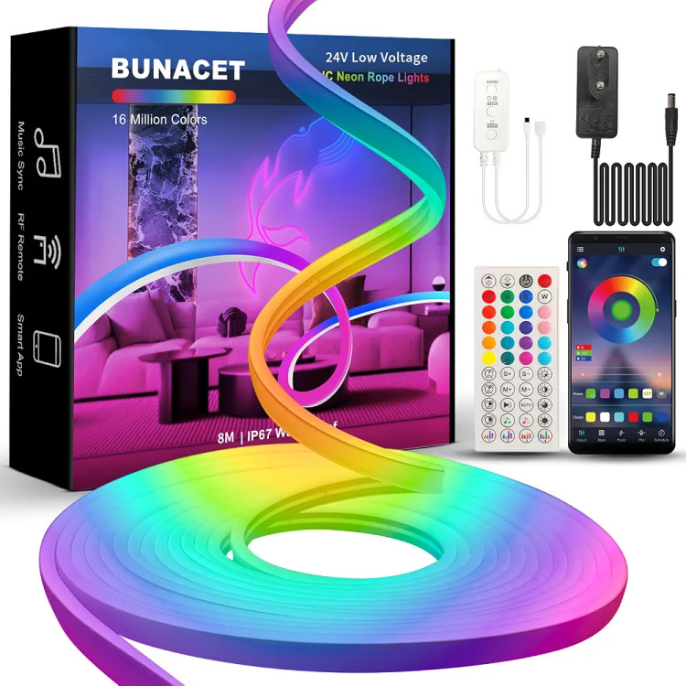 ریسه هوشمند طنابی نئونی 16میلیون رنگ 8متری RGB+IC.26FT.IP67 برندBUNACET