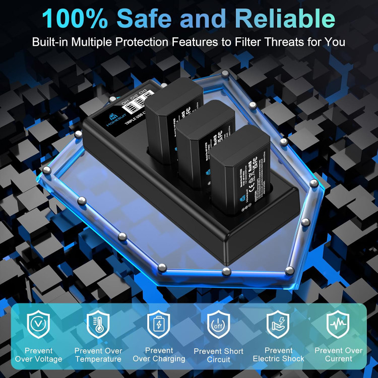 کیت شارژر باتری Homesuit NP-FW50 با ظرفیت ۱۳۰۰ میلیآمپر ساعت و ۳ درگاه LCD برای دوربینهای سونی ZV-E10، آلفا A6000، A6500، A6300، A6400، A7II، A7RII، A7SII، A7S2، A7R، A7R2، A55، A5100، دوربین RX10 (بسته ۳ عددی)