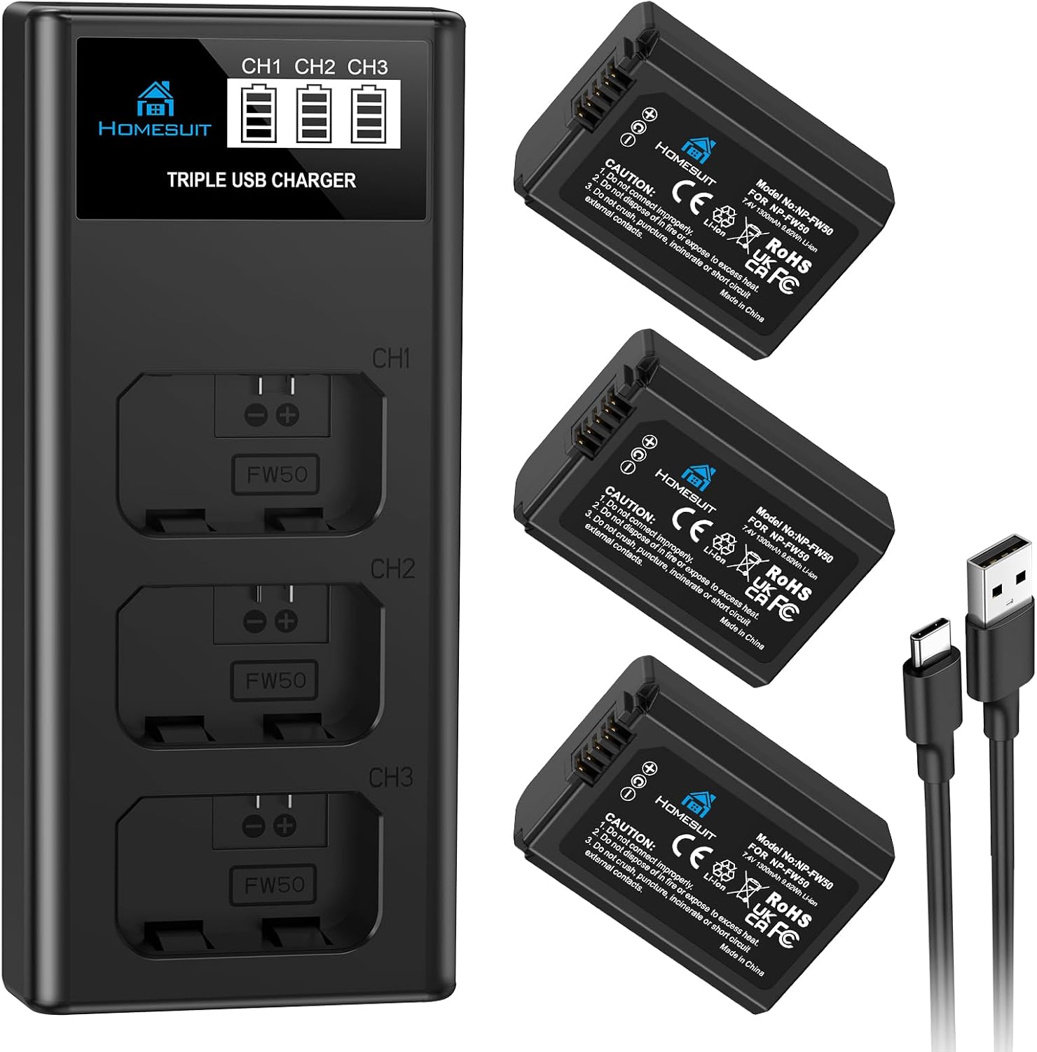 کیت شارژر باتری Homesuit NP-FW50 با ظرفیت ۱۳۰۰ میلیآمپر ساعت و ۳ درگاه LCD برای دوربینهای سونی ZV-E10، آلفا A6000، A6500، A6300، A6400، A7II، A7RII، A7SII، A7S2، A7R، A7R2، A55، A5100، دوربین RX10 (بسته ۳ عددی)
