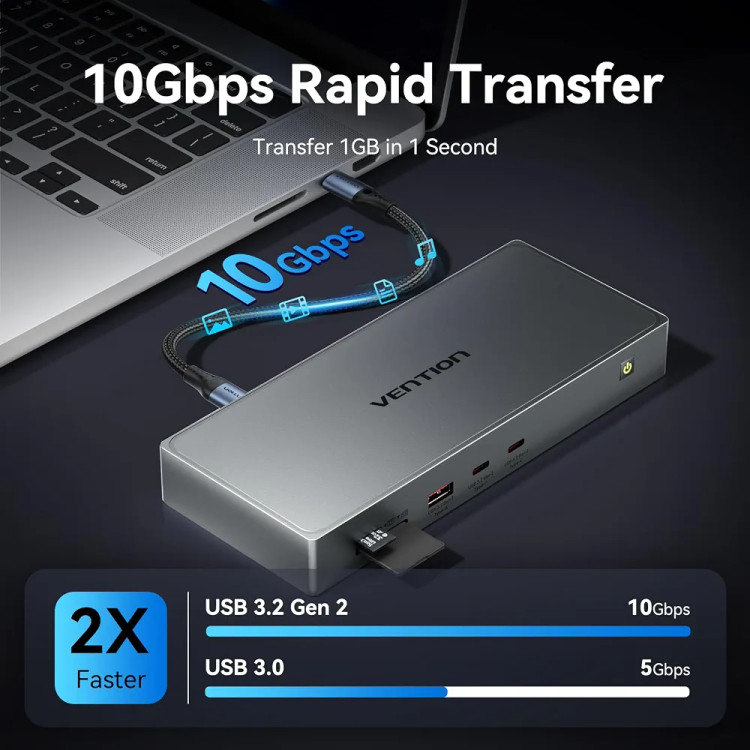داک استیشن DisplayLink یازده در یک VENTION، سه مانیتور با پورت USB 3.2 A/C برای مکبوک/دل/اچپی، داک لپتاپ USB C، مانیتور دوگانه، خروجی HDMI، خروجی DP، خروجی PD با توان 100 وات، RJ45، کارت SD/TF با کابل USB-C