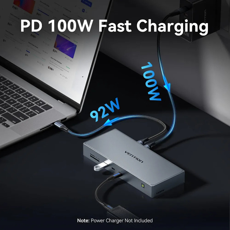 داک استیشن DisplayLink یازده در یک VENTION، سه مانیتور با پورت USB 3.2 A/C برای مکبوک/دل/اچپی، داک لپتاپ USB C، مانیتور دوگانه، خروجی HDMI، خروجی DP، خروجی PD با توان 100 وات، RJ45، کارت SD/TF با کابل USB-C