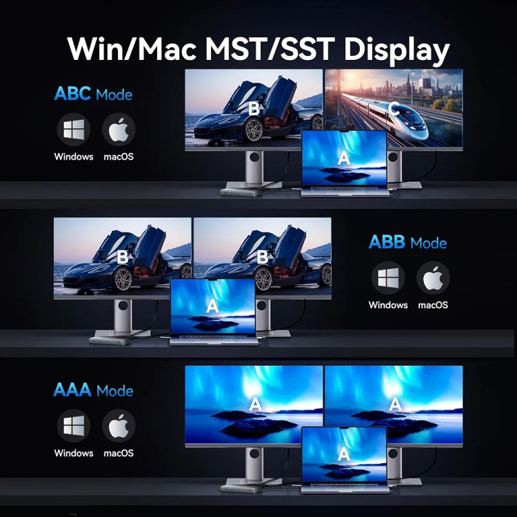داک استیشن DisplayLink یازده در یک VENTION، سه مانیتور با پورت USB 3.2 A/C برای مکبوک/دل/اچپی، داک لپتاپ USB C، مانیتور دوگانه، خروجی HDMI، خروجی DP، خروجی PD با توان 100 وات، RJ45، کارت SD/TF با کابل USB-C