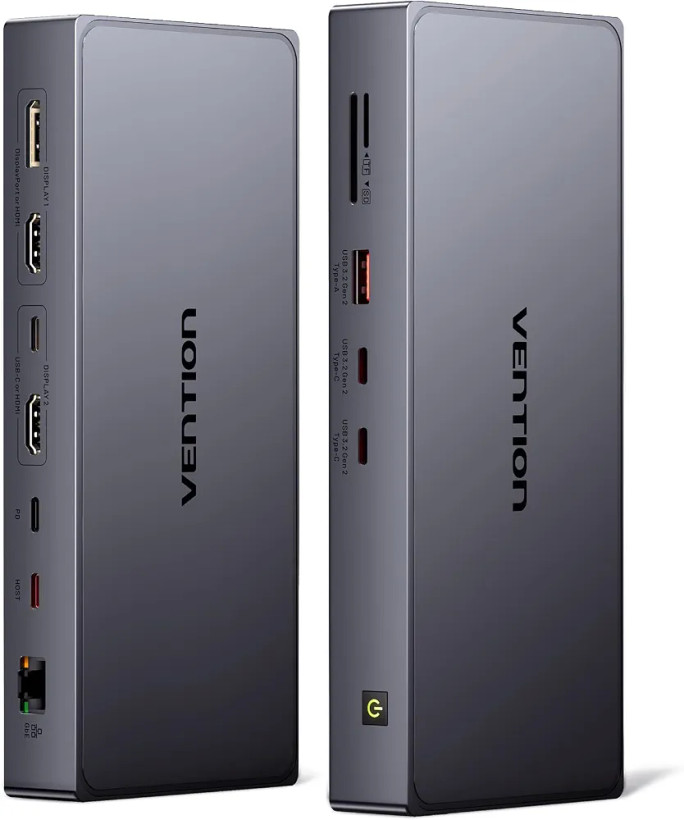 داک استیشن DisplayLink یازده در یک VENTION، سه مانیتور با پورت USB 3.2 A/C برای مکبوک/دل/اچپی، داک لپتاپ USB C، مانیتور دوگانه، خروجی HDMI، خروجی DP، خروجی PD با توان 100 وات، RJ45، کارت SD/TF با کابل USB-C