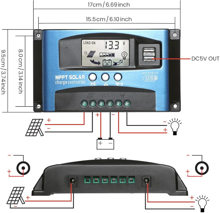 کنترل کننده شارژ خورشیدی 60A MPPT، صفحه نمایش LCD، USB دوگانه، حالت های کنترل بار چندگانه، کنترل کننده شارژر خورشیدی با فناوری MPPT با حداکثر جریان شارژ برندSONYIMA