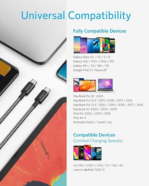 کابل USB C به USB C انکر شارژ سریع ۱۰۰ واتی 3متری مدلA8758