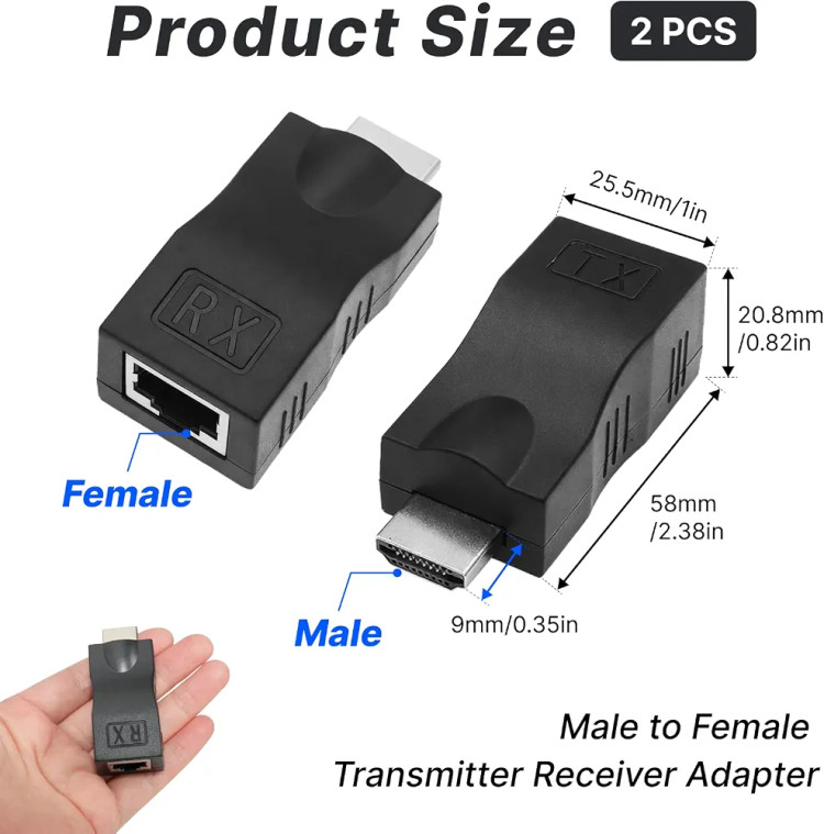 اکستندر HDMI تا 30 متر، آداپتور HDMI برای کابل Cat 5e/6، پشتیبانی از 1080P و 4K