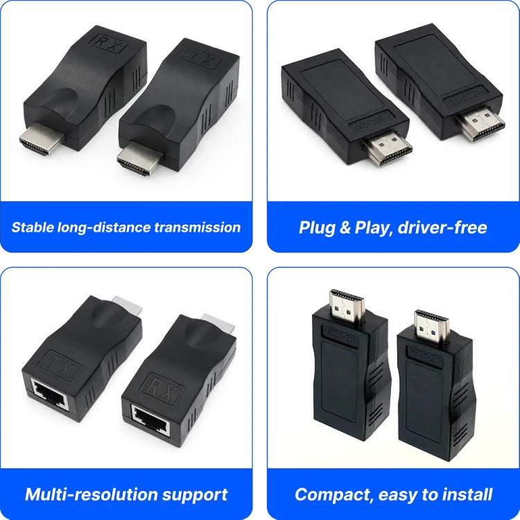اکستندر HDMI تا 30 متر، آداپتور HDMI برای کابل Cat 5e/6، پشتیبانی از 1080P و 4K