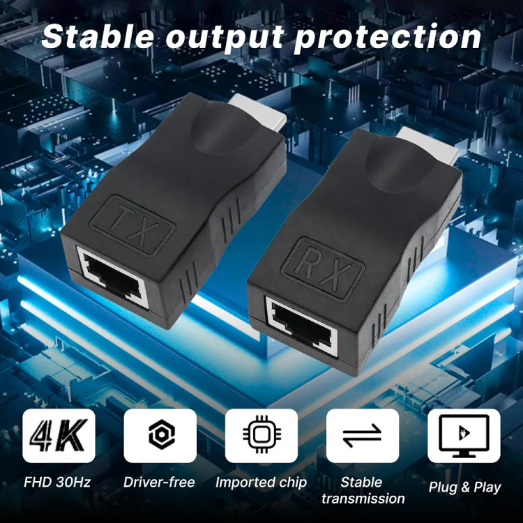 اکستندر HDMI تا 30 متر، آداپتور HDMI برای کابل Cat 5e/6، پشتیبانی از 1080P و 4K