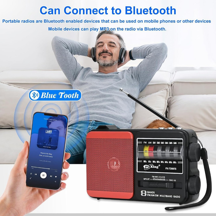 رادیو پخش MP3 مدل PX-728BTS با باتری و پنل خورشیدی چراغ قوه