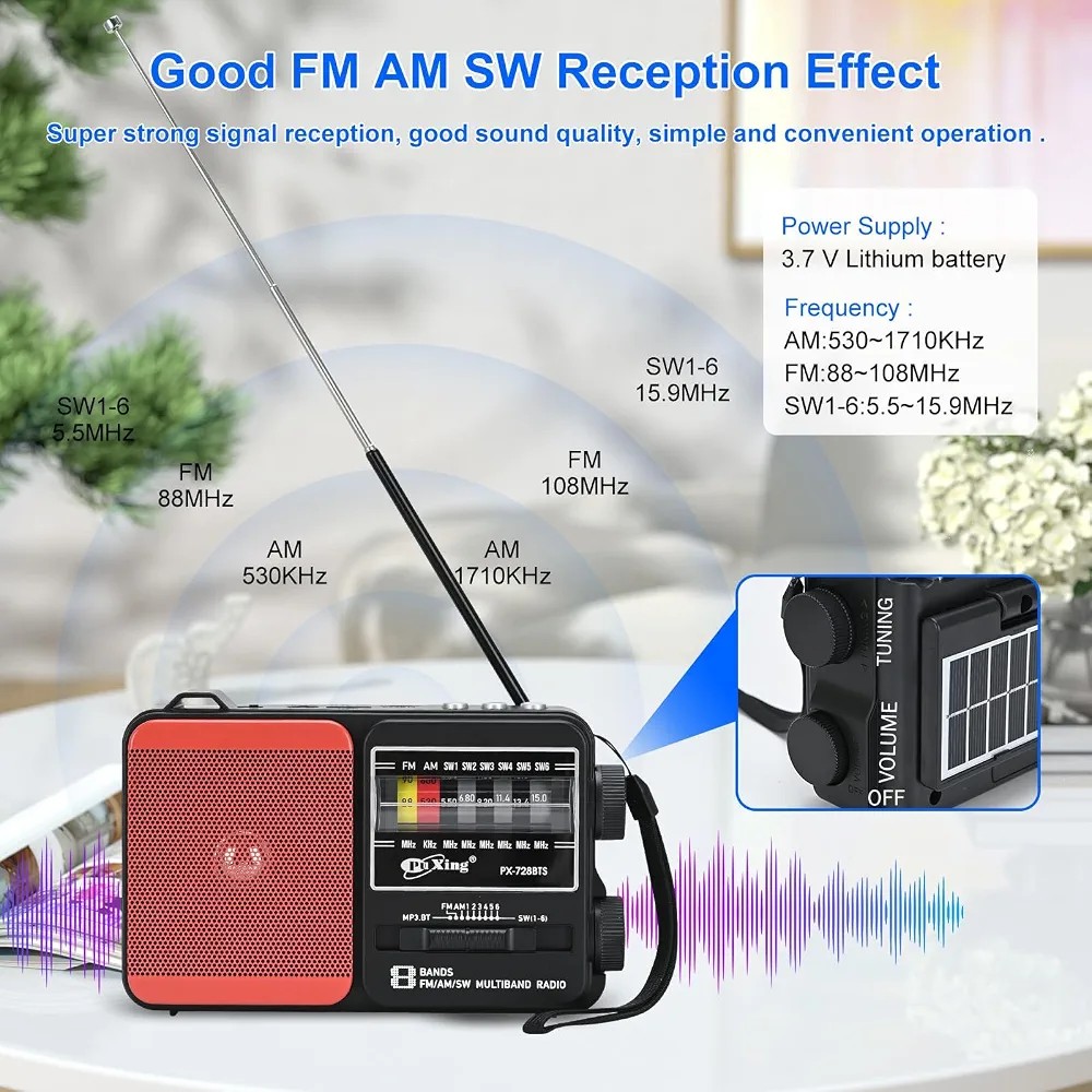 رادیو پخش MP3 مدل PX-728BTS با باتری و پنل خورشیدی چراغ قوه