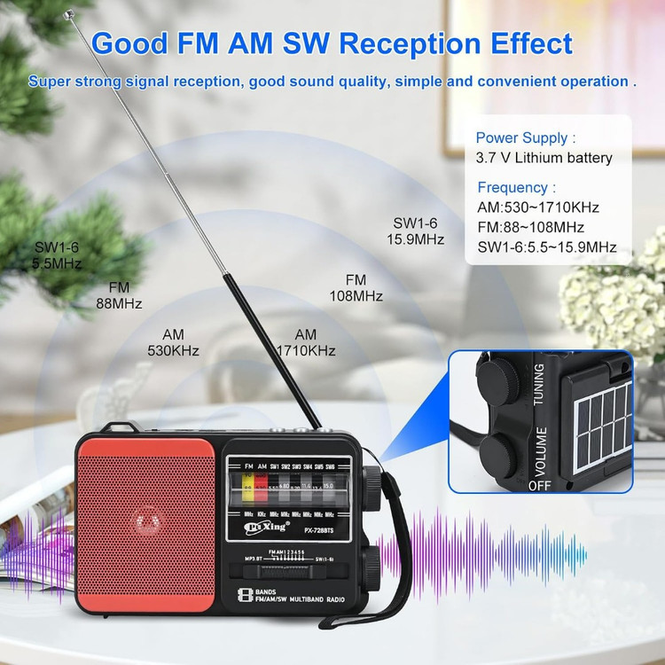 رادیو پخش MP3 مدل PX-728BTS با باتری و پنل خورشیدی چراغ قوه