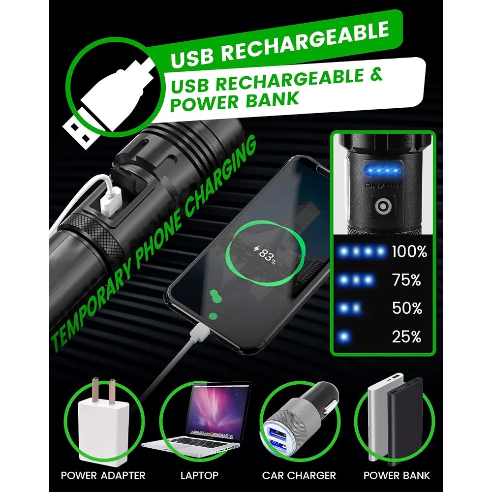 چراغ قوه LED فوق العاده روشن Maxesla XHP70 با نور جانبی COB فوکوس قابل تنظیم 3+4حالته باتری قابل شارژUSB 3000میلی آمپر