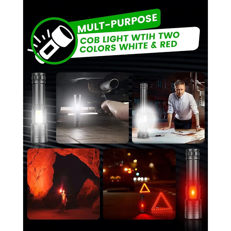 چراغ قوه LED فوق العاده روشن Maxesla XHP70 با نور جانبی COB فوکوس قابل تنظیم 3+4حالته باتری قابل شارژUSB 3000میلی آمپر