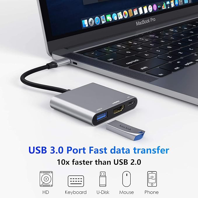 مبدل دیجیتال AV USB C با خروجی HDMI 4K 60Hz و پورت USB 3.0 و پورت شارژ سریع USB-C برای Apple MacBook Pro/Air 2016-2
