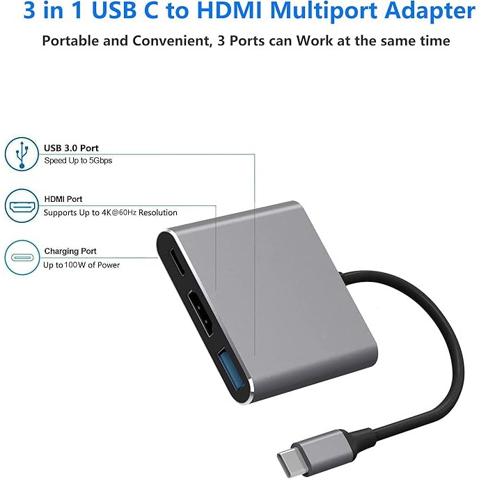 مبدل دیجیتال AV USB C با خروجی HDMI 4K 60Hz و پورت USB 3.0 و پورت شارژ سریع USB-C برای Apple MacBook Pro/Air 2016-2