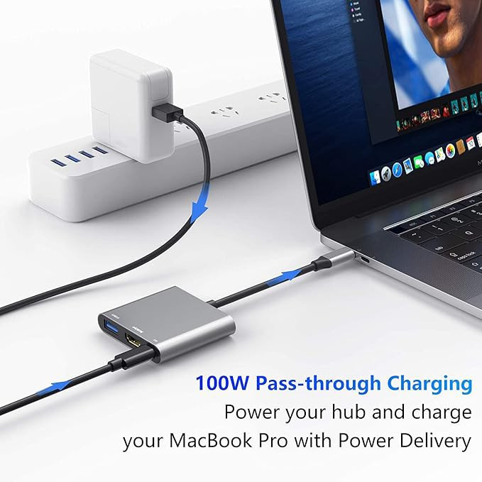 مبدل دیجیتال AV USB C با خروجی HDMI 4K 60Hz و پورت USB 3.0 و پورت شارژ سریع USB-C برای Apple MacBook Pro/Air 2016-2