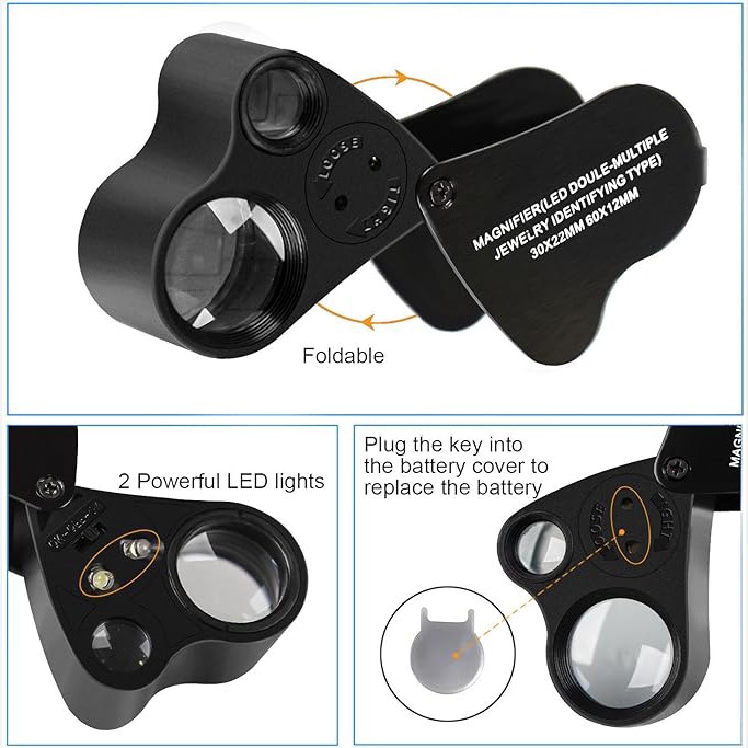 ذره بین LED با بزرگنمایی 30x60x ذره بین فلزی تاشو برای جواهرات سکه ساعت برندPetersty
