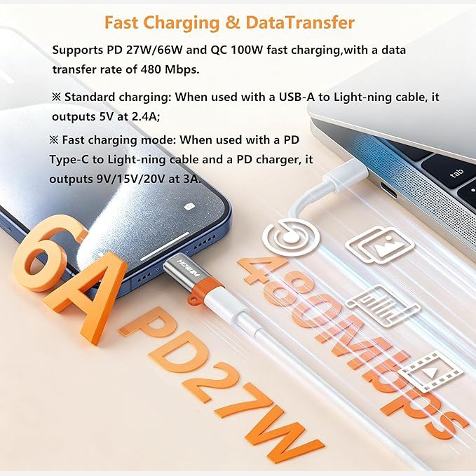 آداپتور مبدل لایتنینگ بهUSB-Cشارژ سریع 27واتPDانتقال داده 480مگابیت بر ثانیه برندHOWJIM بسته 2عددی