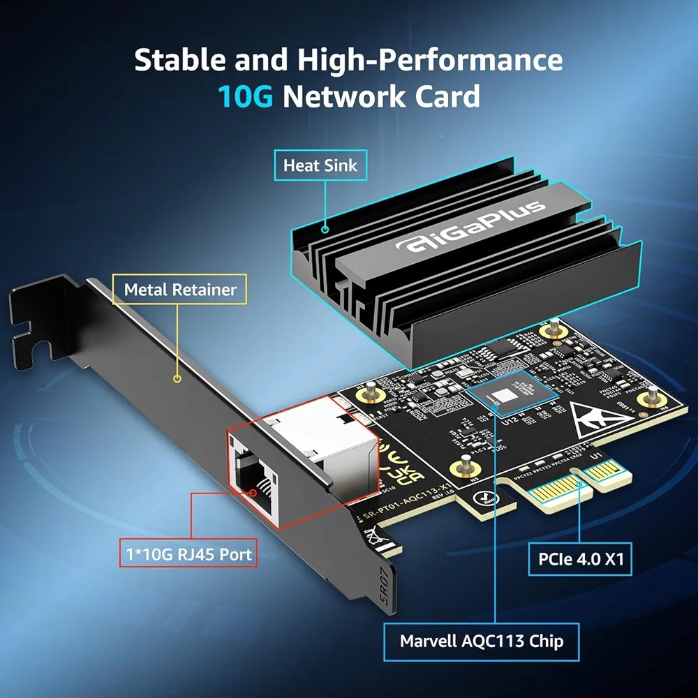 کارت شبکه PCI-e 10Gbe کنترلر AQC113 کارت شبکه پورت RJ45 با سرعت 10G Base-Tبرند GiGaPlus