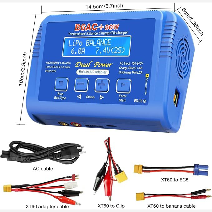 شارژر بالانس لیپوB6AC+80Wبا دشارژر6آمپرمنبع تغذیهAC