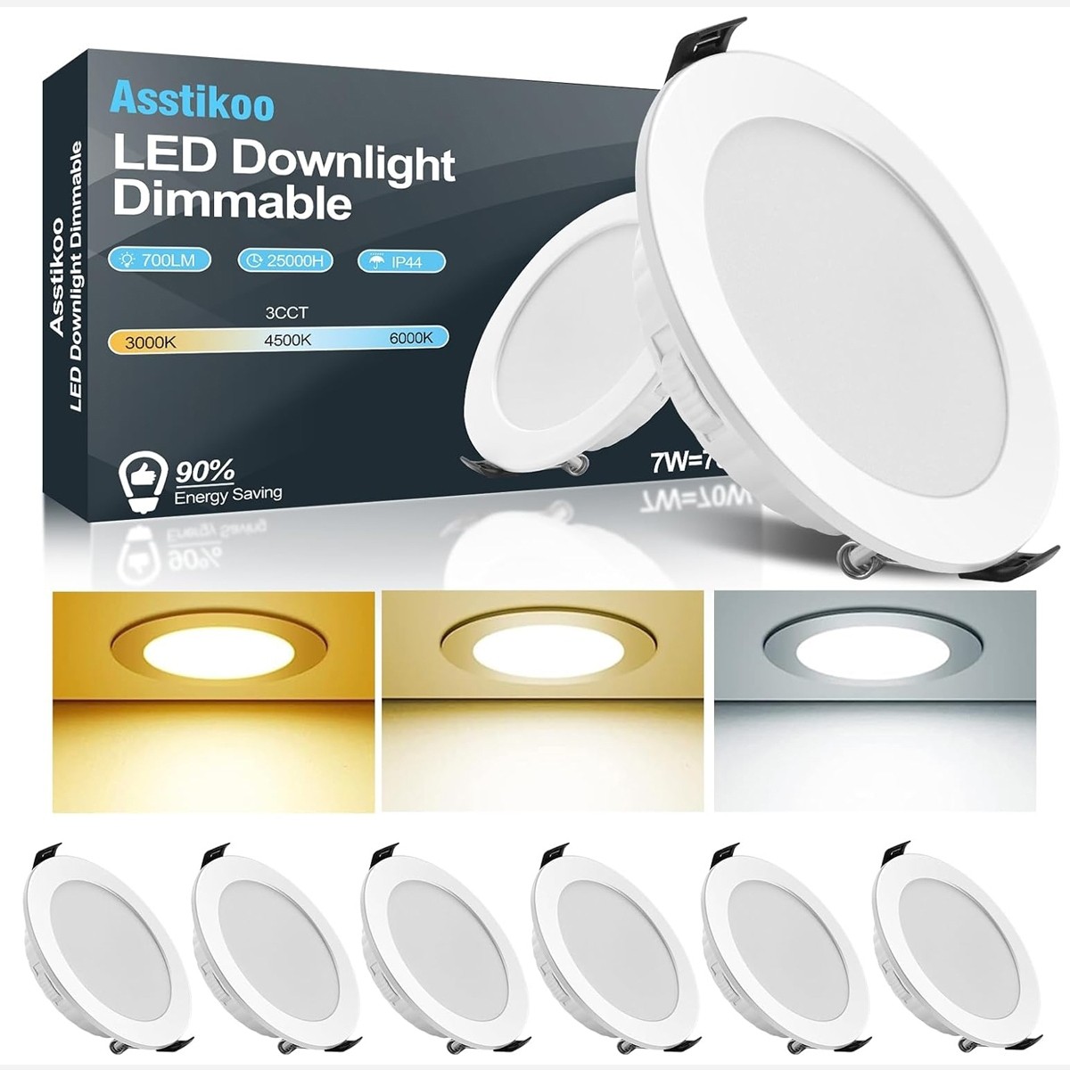 چراغ سقفی توکار 6LEDعددی برندAsstikoo قابلیت تغییر در3رنگ3CCT